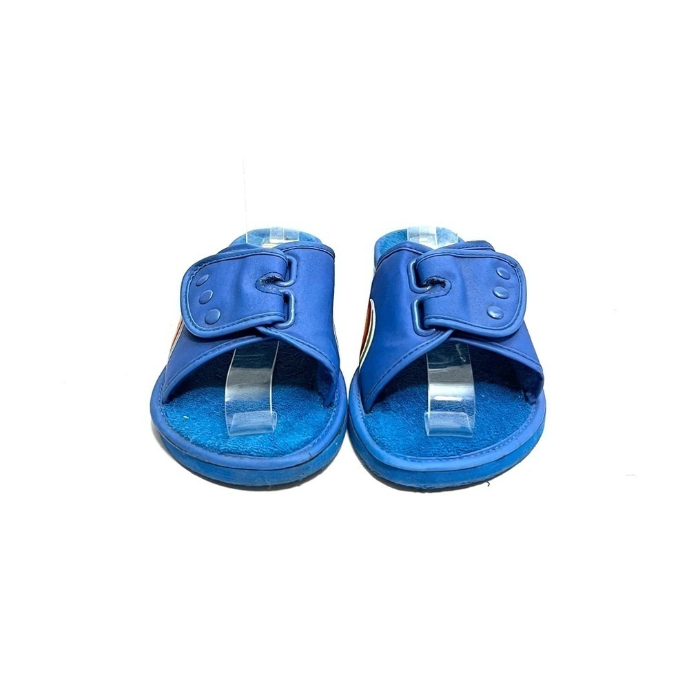 Vintage 1970s blue nylon and terry cloth foam wedge Velcro slide style sandals - Picture 2 of 8